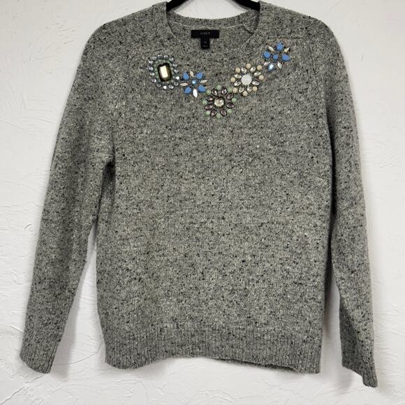 J Crew Grey Lambs Wool Rhinestone Accent Sweater Womens M Preppy Coquette Crew - Picture 1 of 9